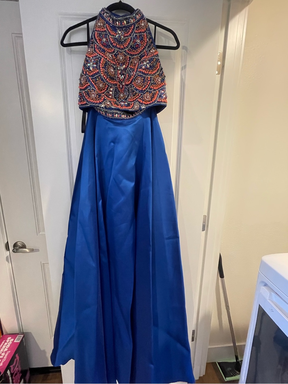 Roma Beaded Halter Top with Royal Blue Satin Maxi Skirt